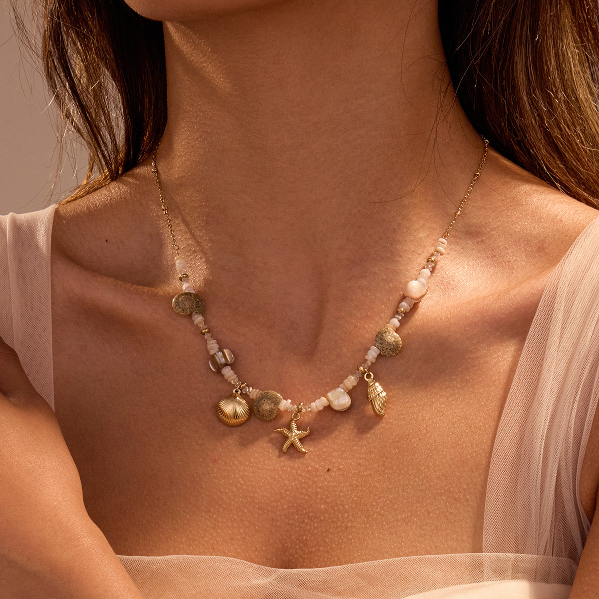 18K Gold Beach Vibe Starfish Shell Beaded Necklace