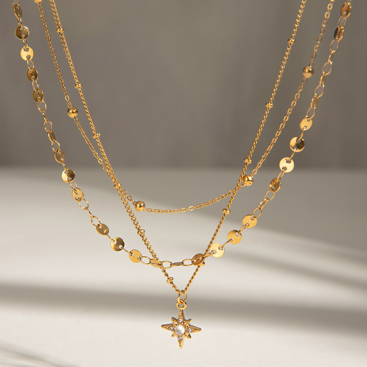 18K Gold Northern Star Pendant Chain Layered Necklace Set