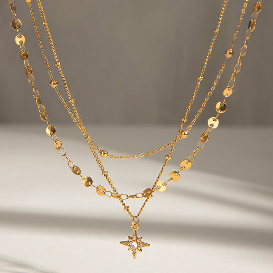 18K Gold Northern Star Pendant Chain Layered Necklace Set