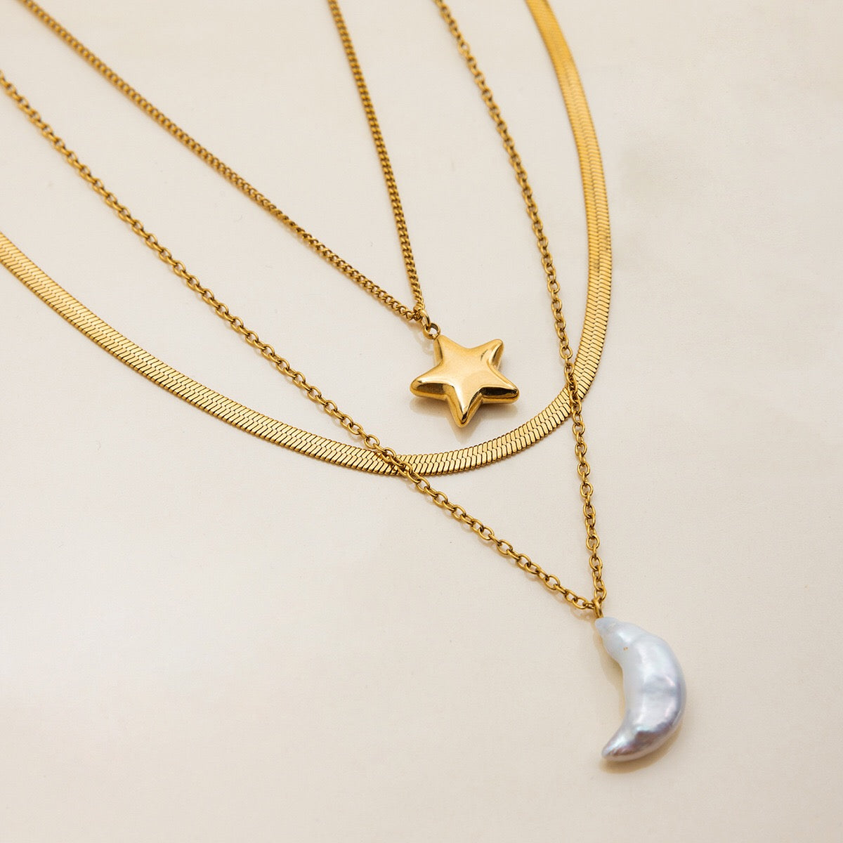 18K Gold Celestial Dream Star Pendant Pearl Moon Herringbone Chain Layered Necklace Set