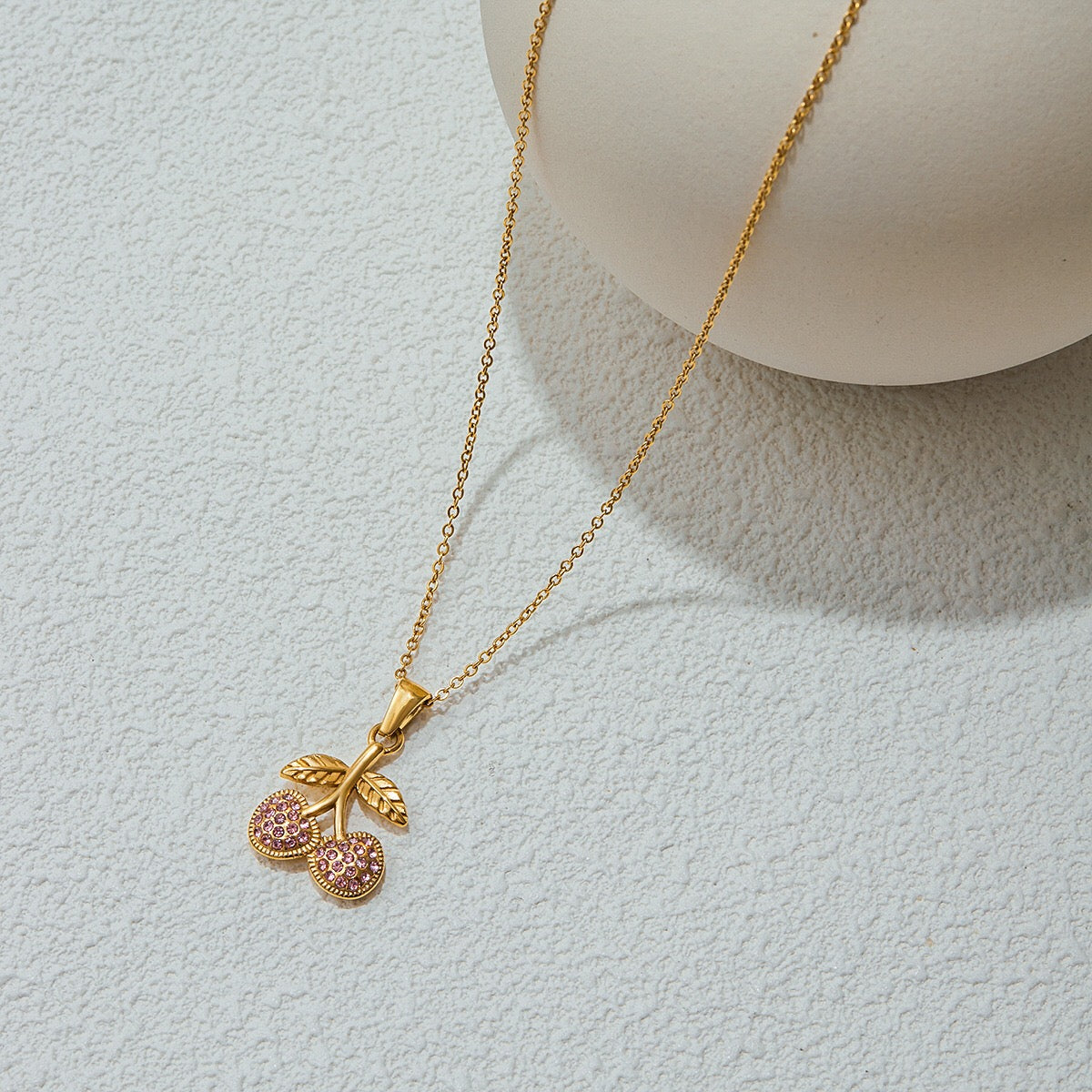 18K Gold Pink Cherry Pendant Herringbone Chain Layered Necklace Set