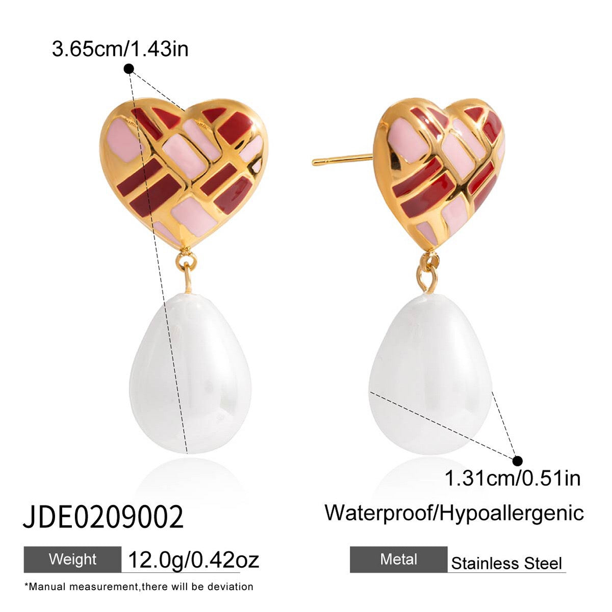 18K Gold Crimson Kiss Heart Stud Dangle Pearl Earrings