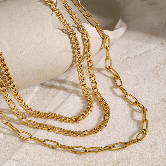 18K Gold Paperclip Chain Cuban Link Layered Necklace Set