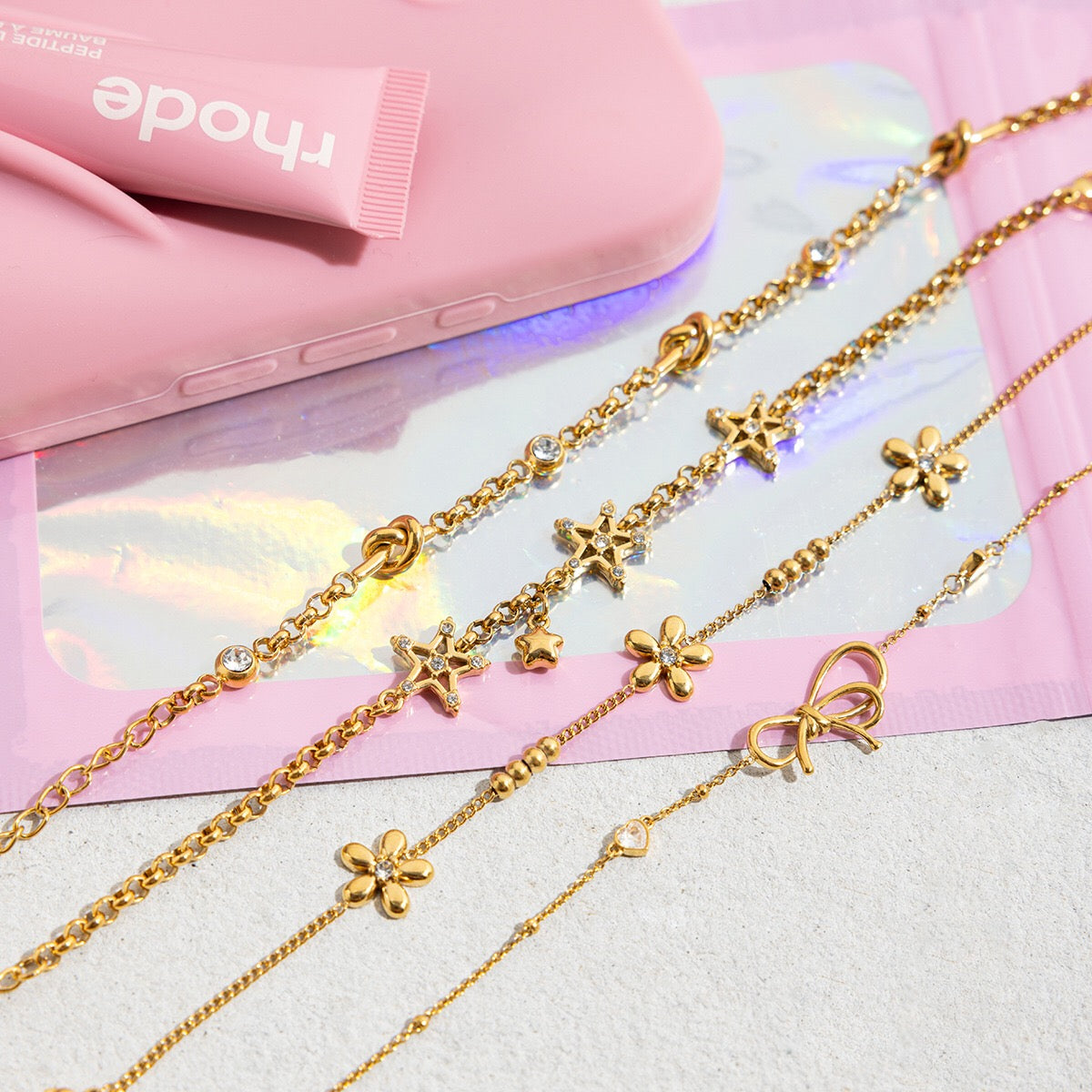 18K Gold Shimmering Dainty Flower Bow Bracelet Stack