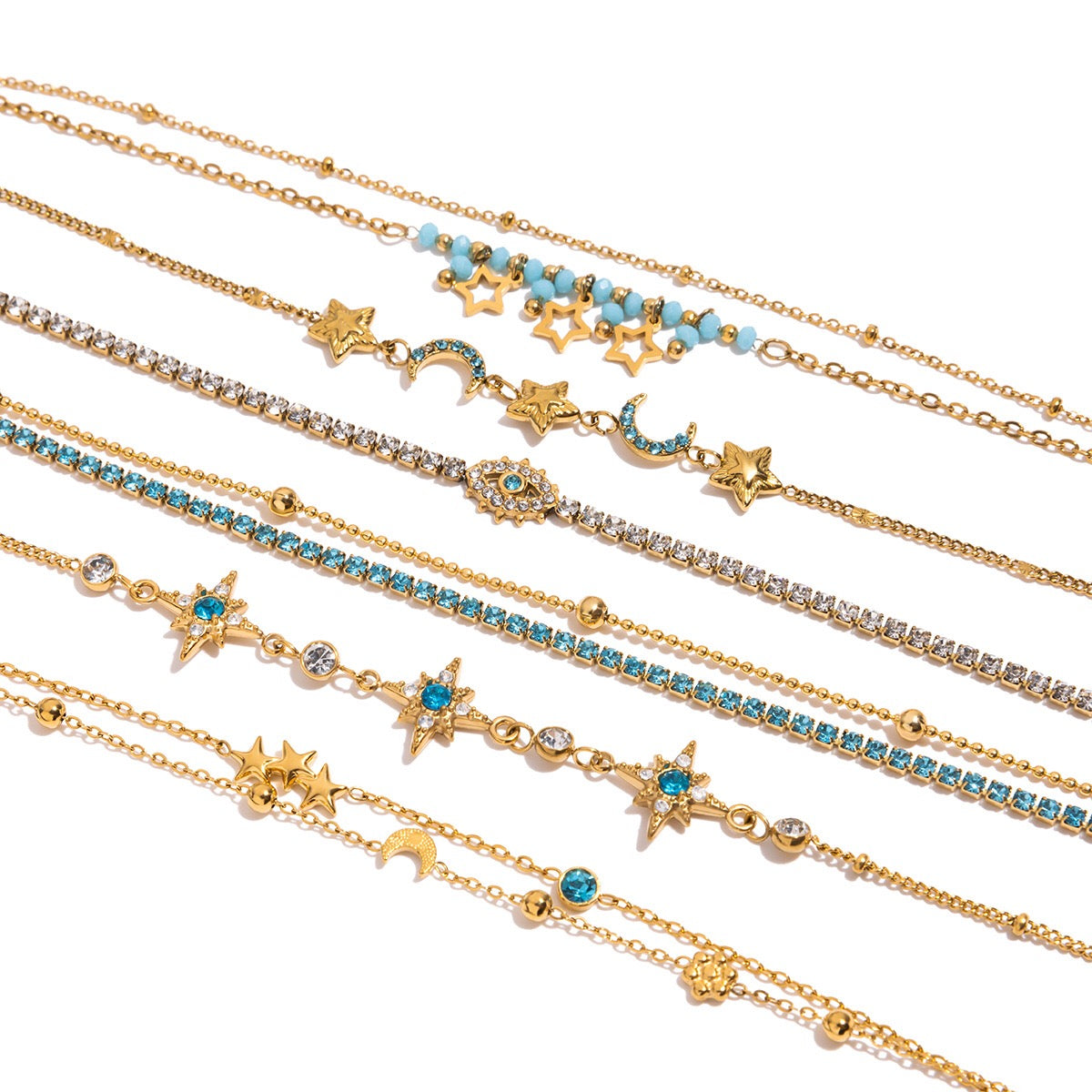 18K Gold Blue Winter Wonderland Moon and Stars Tennis Bracelet Stack