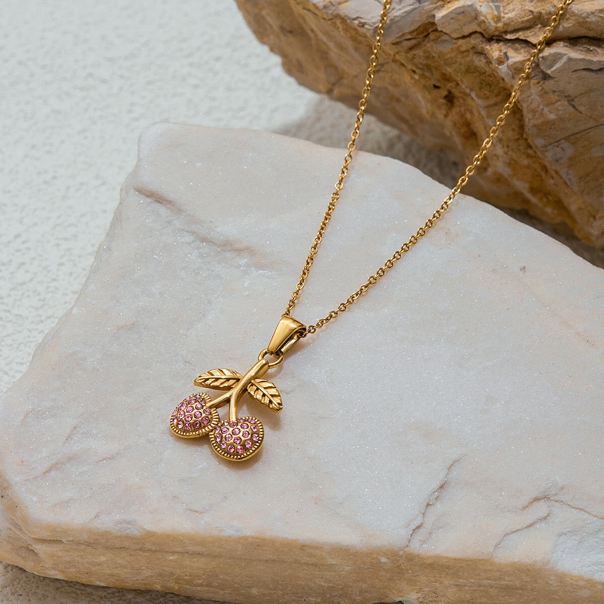 18K Gold Pink Cherry Pendant Herringbone Chain Layered Necklace Set