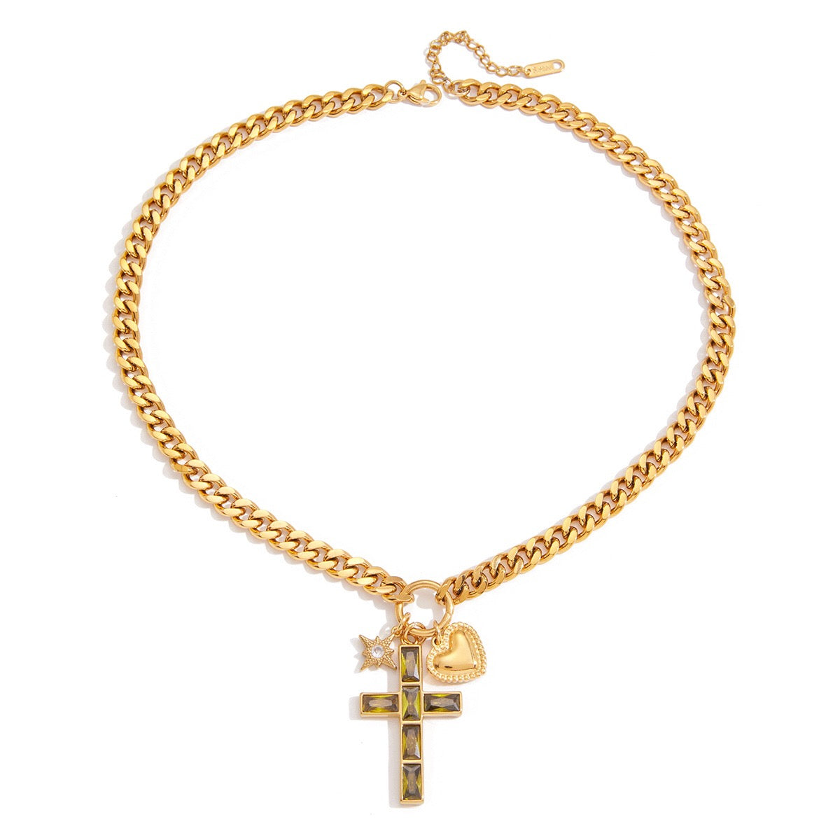 18K Gold Faith Divine Cross Heart Starburst Charm Cuban Link Chain Necklace