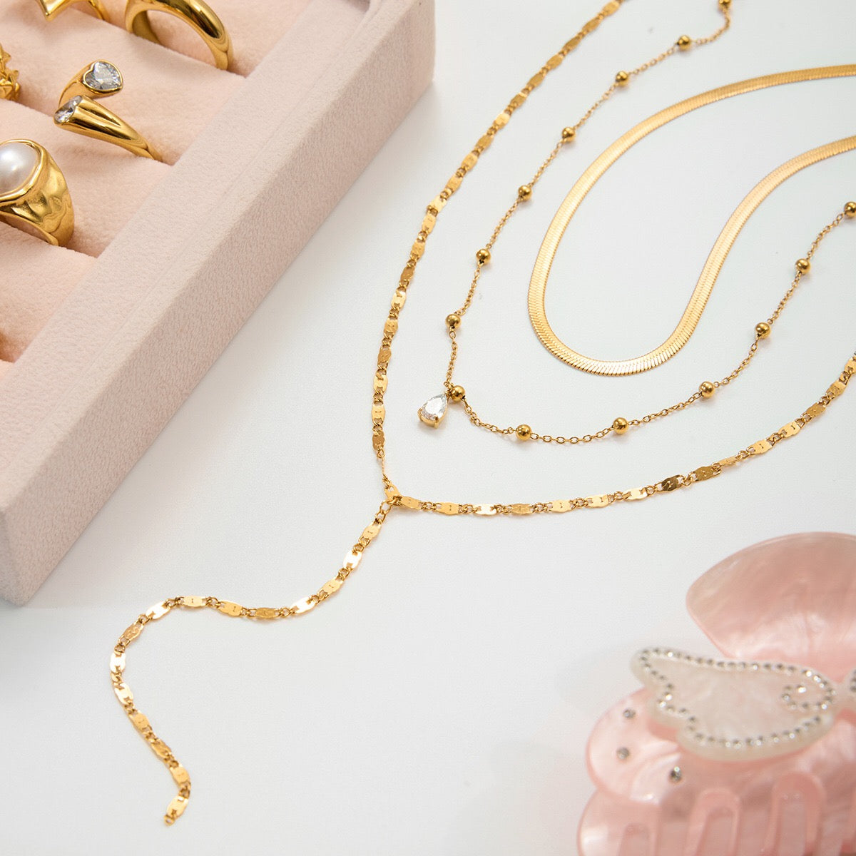 18K Gold Cascade Herringbone Snake Chain Lariat Layered Necklace Set
