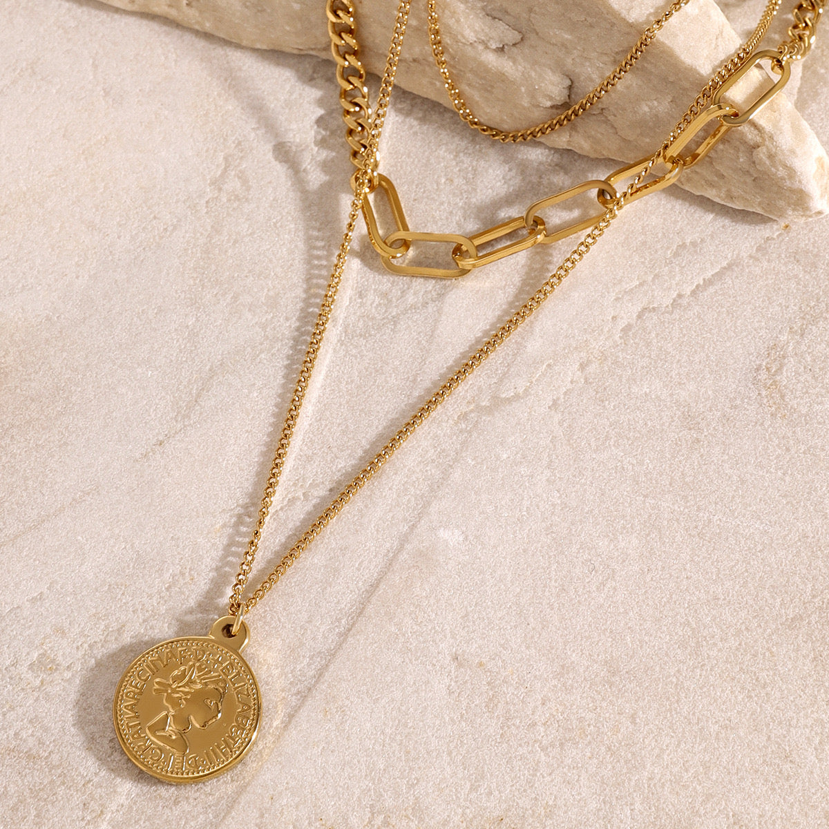 18K Gold Coin Pendant Paperclip Chain Layered Necklace Set