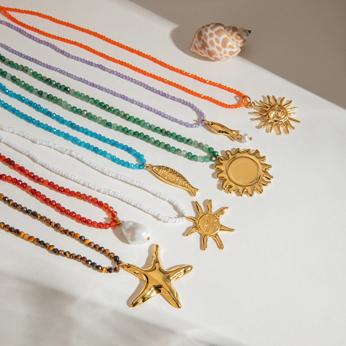 18K Gold Summer Color Beaded Chain Pendant Statement Necklace