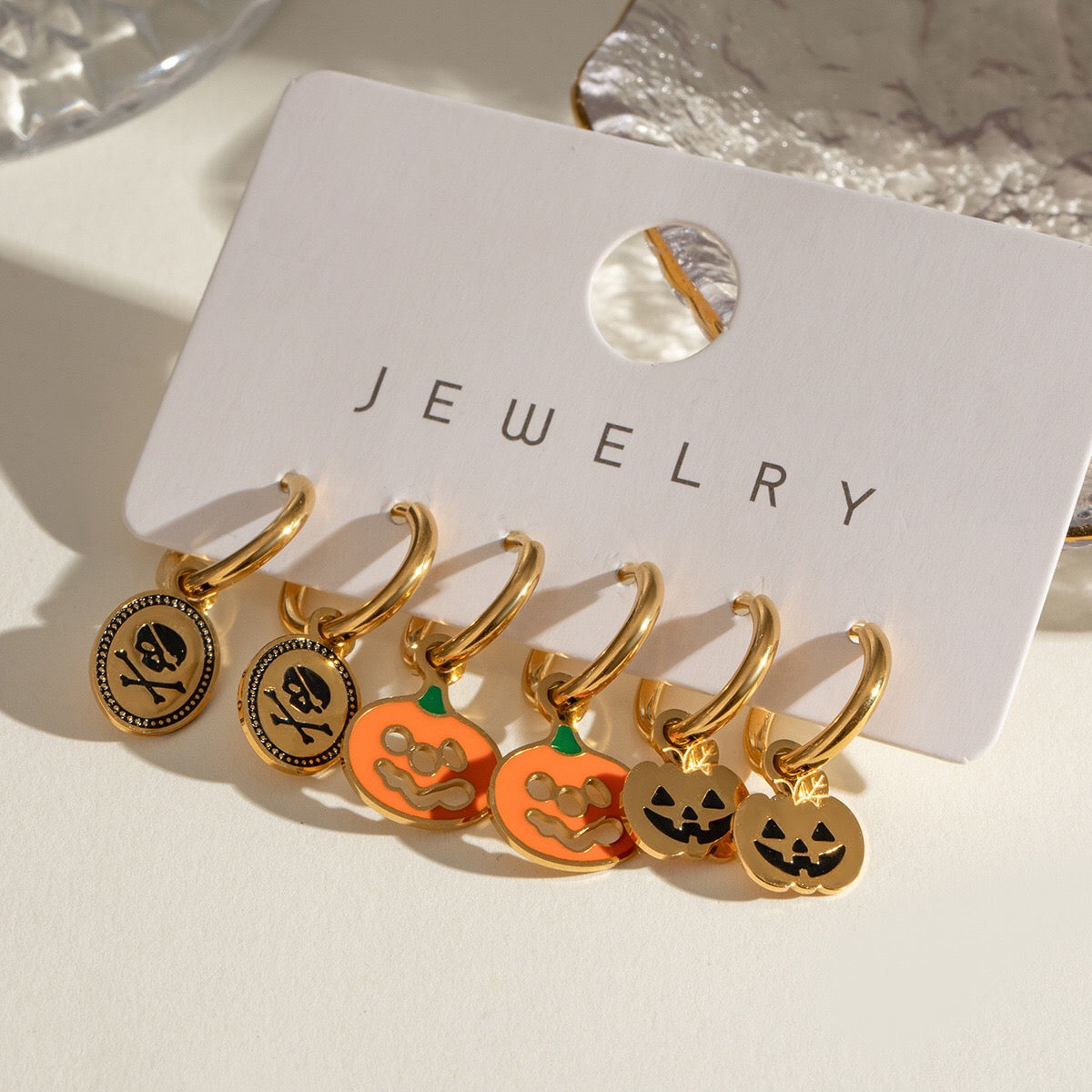 18K Gold Halloween Pumpkin Skull Small Hoop Huggie Earrings with Charm