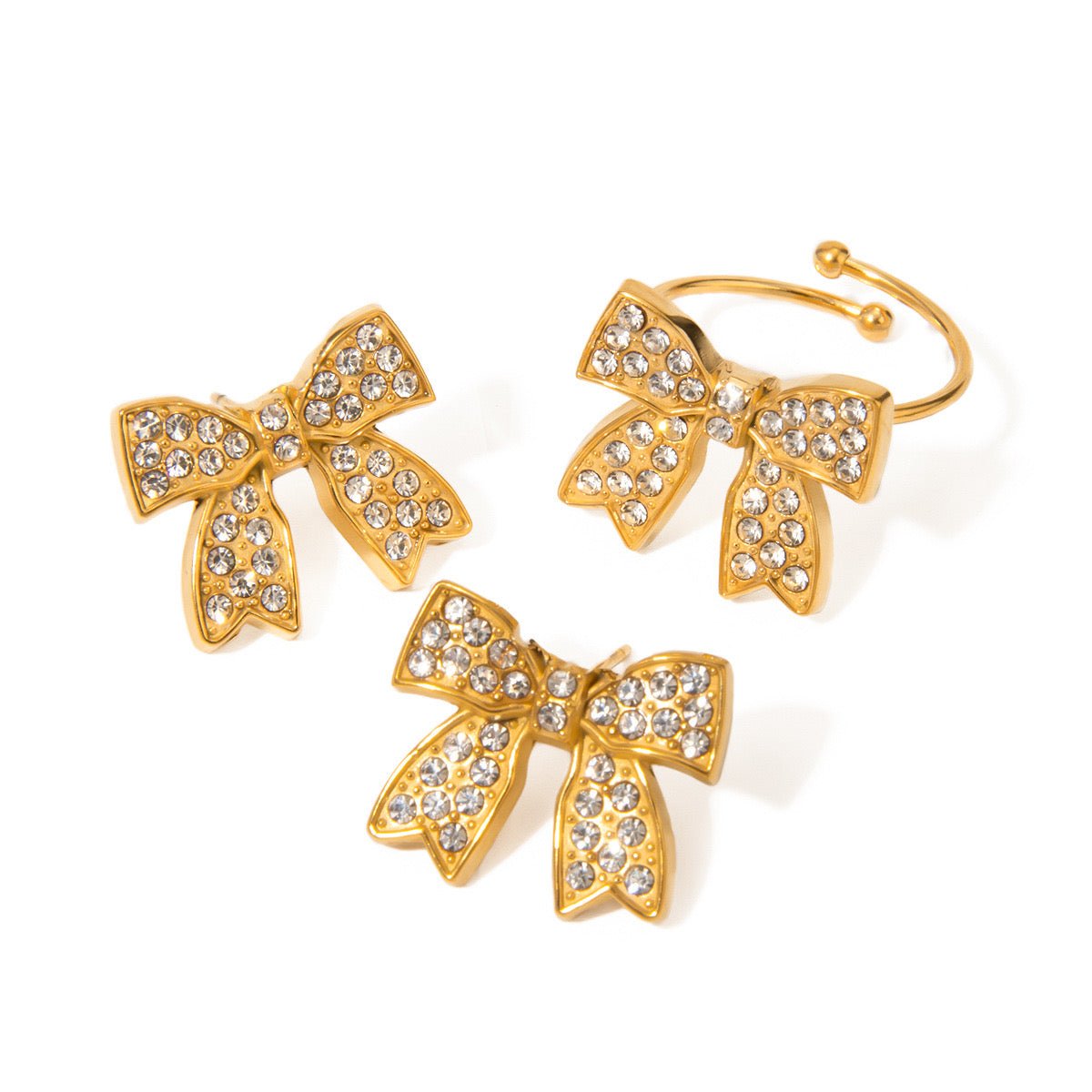 18K Gold Bejeweled Coquette Bow Stud Earrings