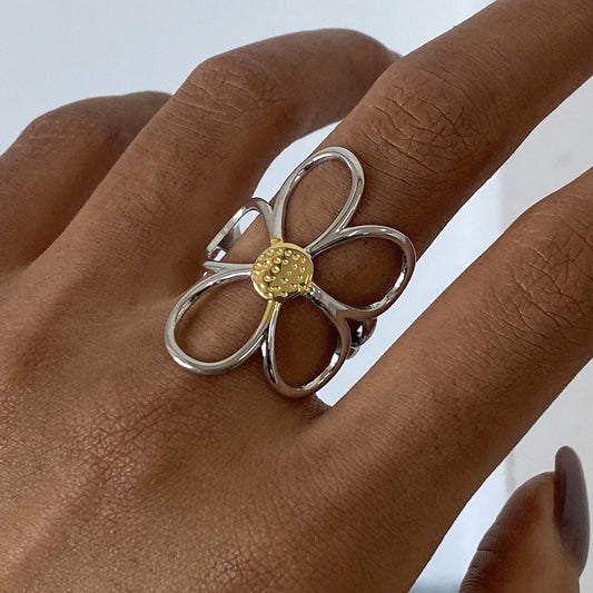 18K Gold Two Tone Daisy Flower Silver Ring