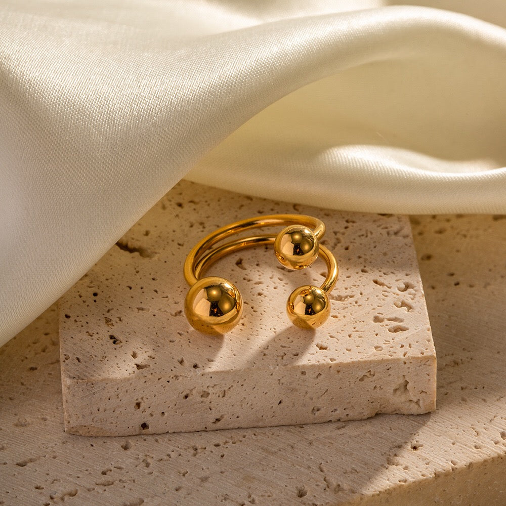 18K Gold Three Beads Cuff Ring