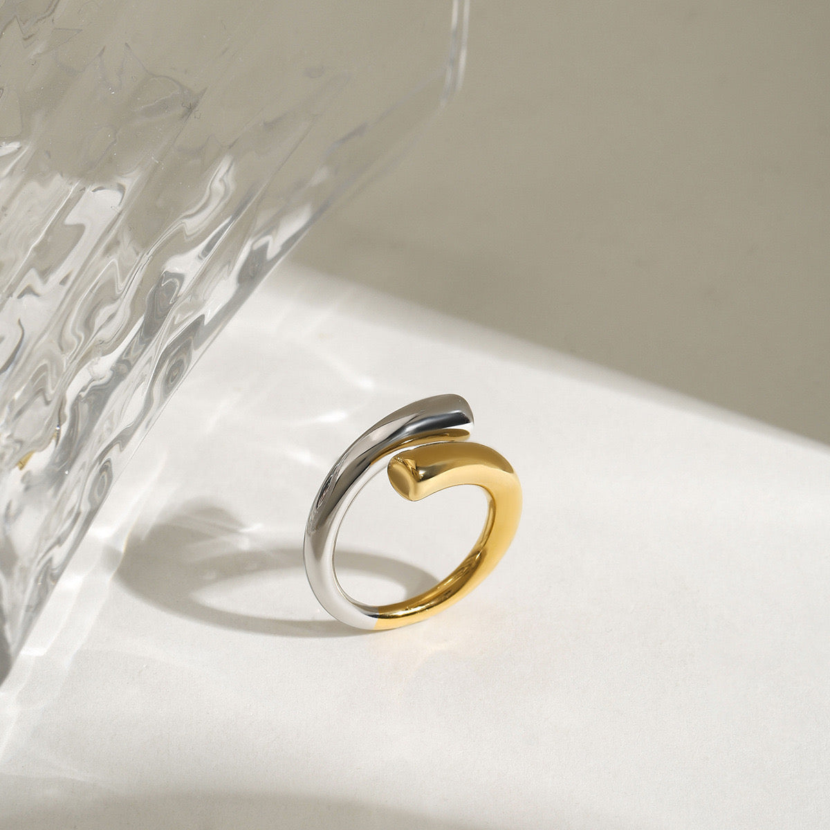 18K Gold Two Tone Minimalist Chic Silver Cuff Ring