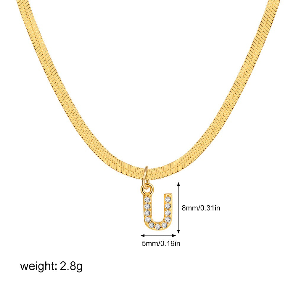 18K Gold Minimalist Glam Herringbone Chain Initial Dainty Necklace