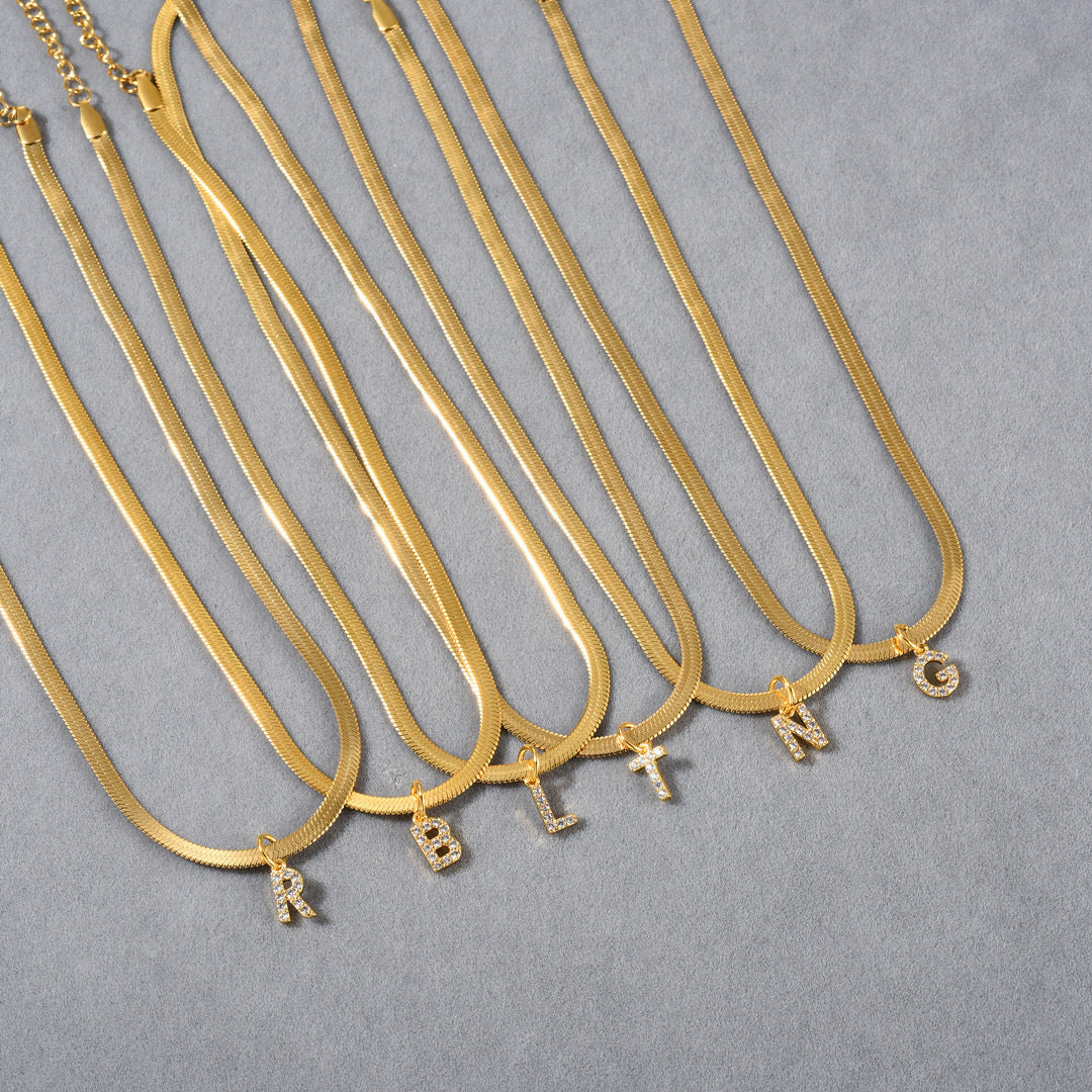 18K Gold Minimalist Glam Herringbone Chain Initial Dainty Necklace