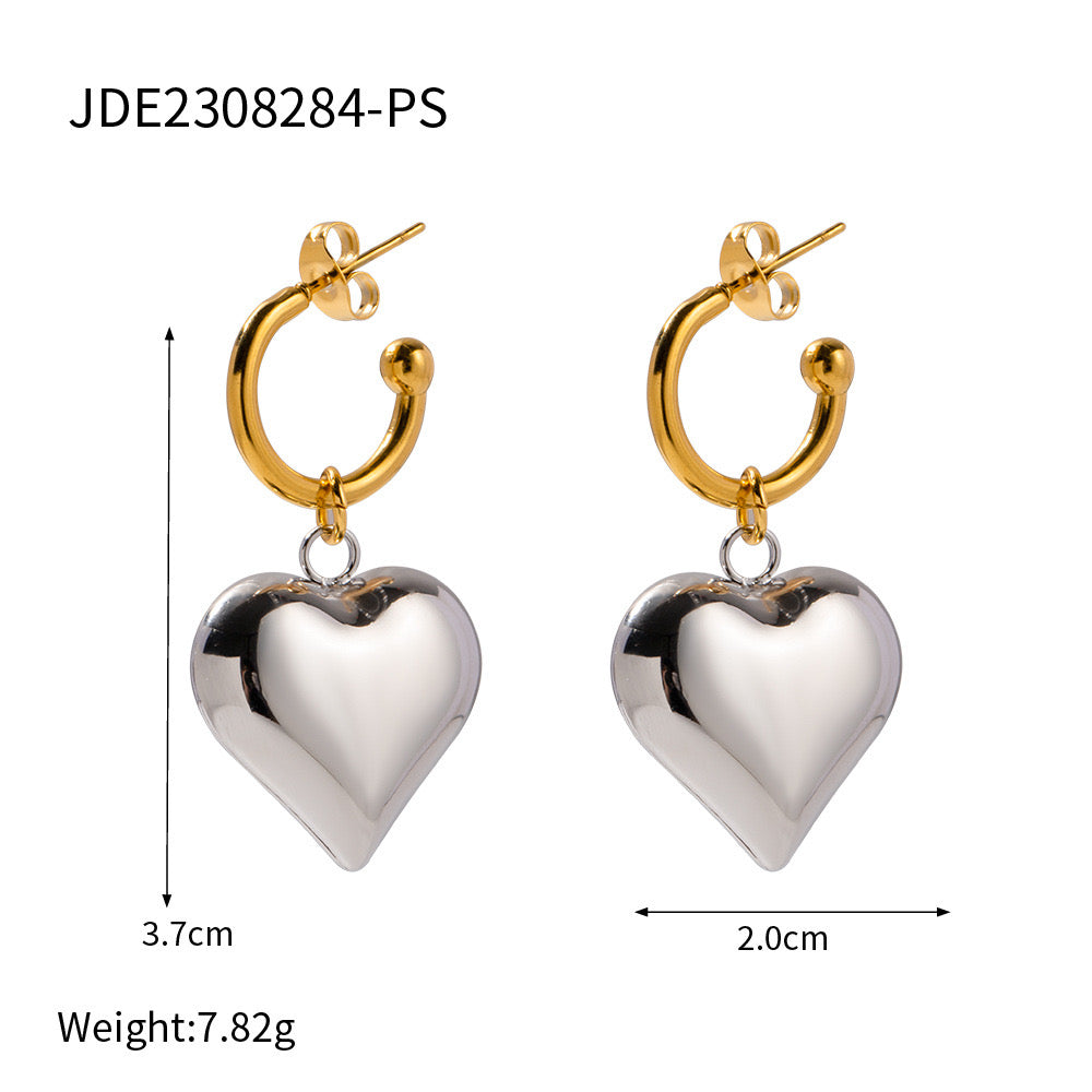 18K Gold Heart Dangle Huggie Earrings with Charm