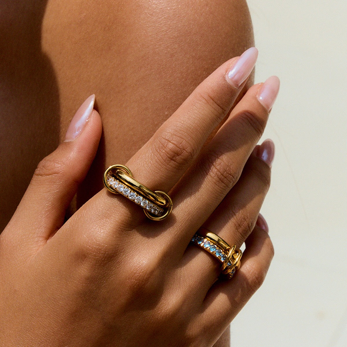 18K Gold Double Link Connected Stacking Pave Ring