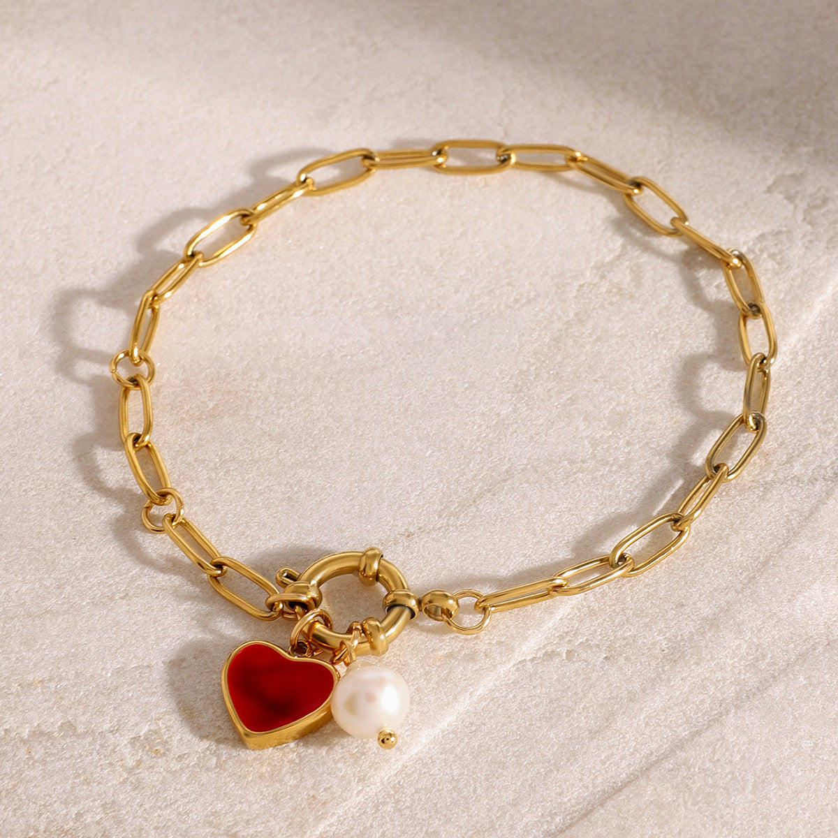 18K Gold Heart Chain Charm Bracelet