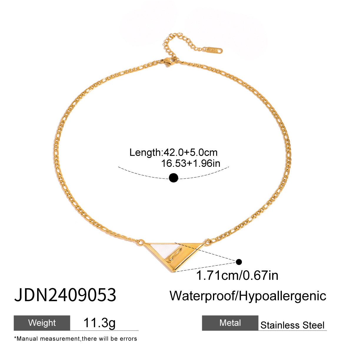 18K Gold Mother of Pearl Triangle Pendant Figaro Chain Necklace