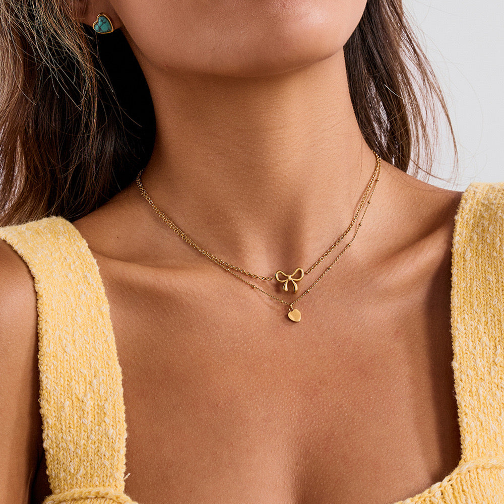 18K Gold Dainty Heart Bow Pendant Double Chain Layered Necklace Set