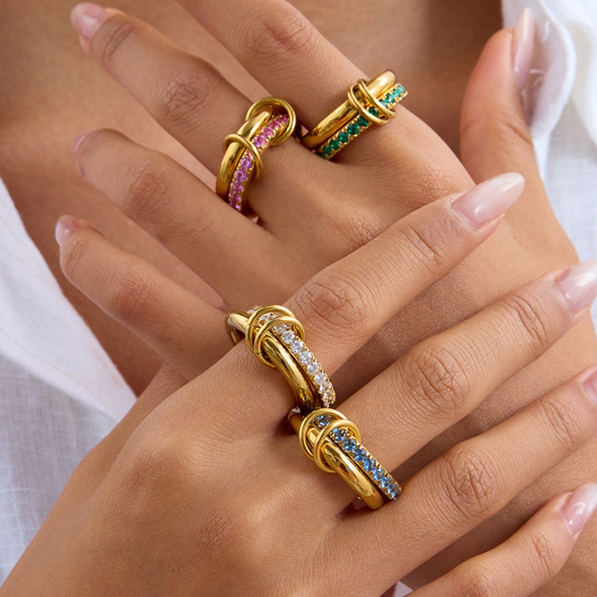 18K Gold Double Link Connected Stacking Pave Ring