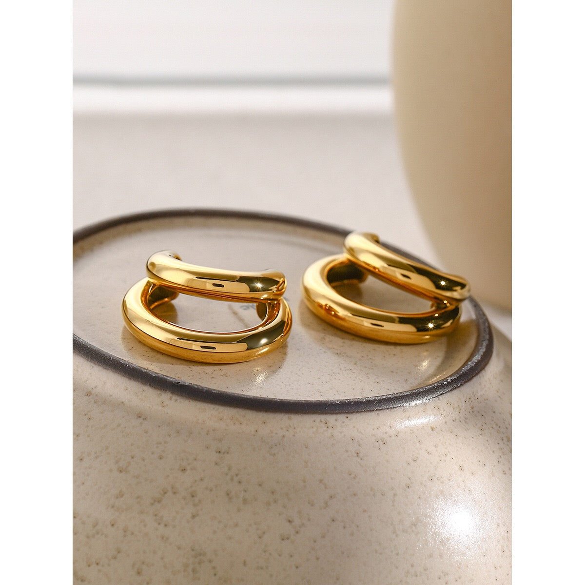18K Gold Unique Double Hoop Huggie Earrings