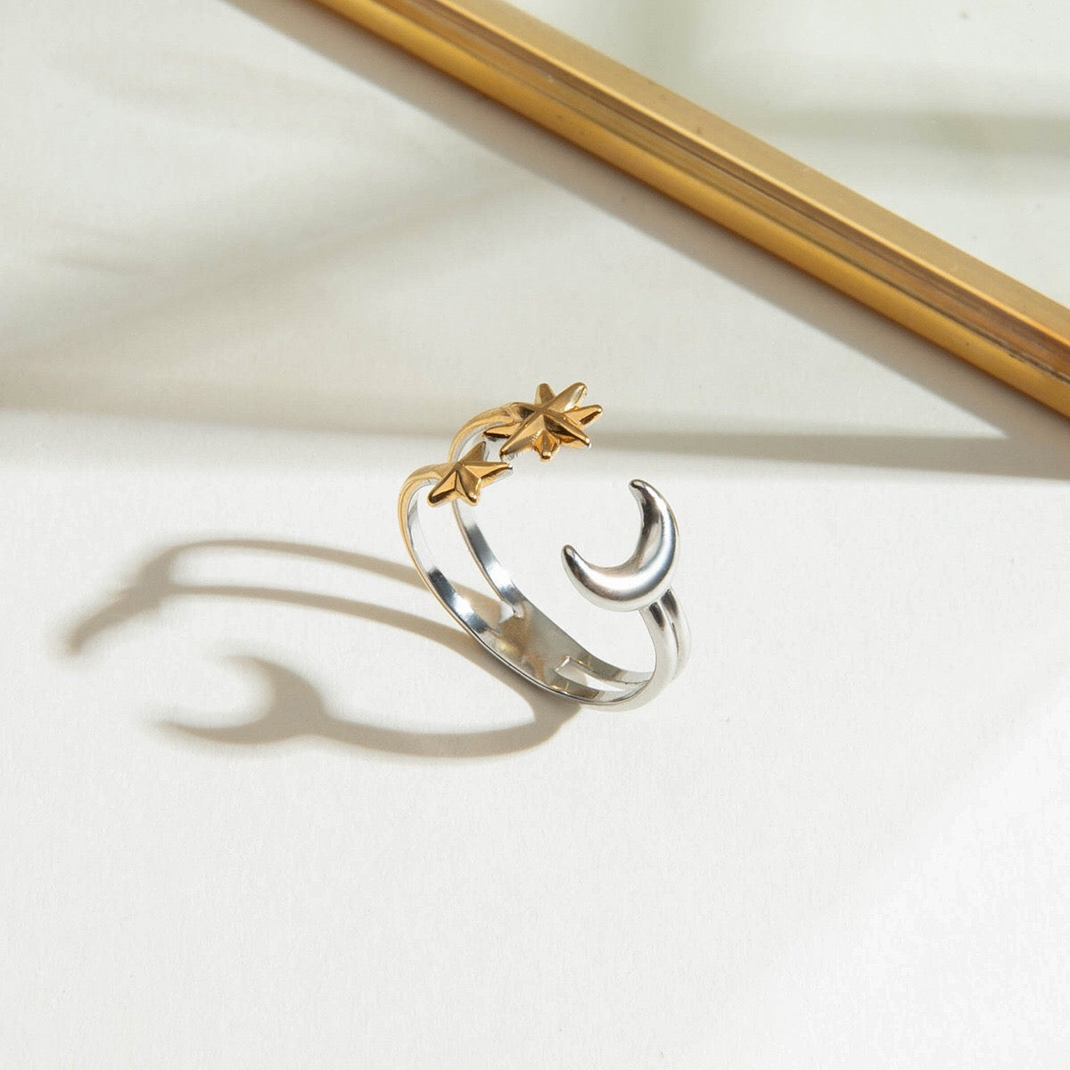 18K Gold Star and Moon Two Tone Silver Ring