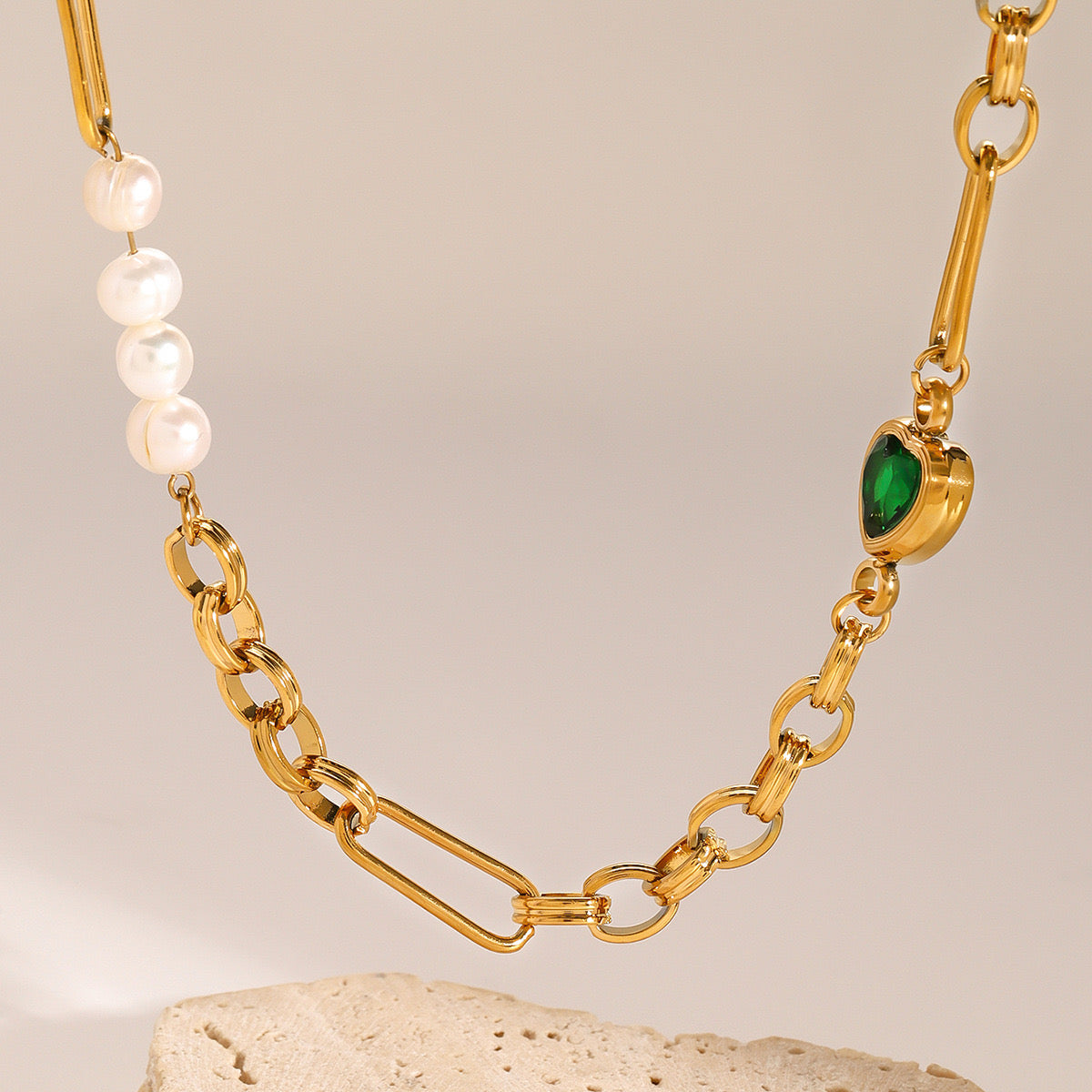 18K Gold Emerald Heart Pearl Beads Chunky Chain Bracelet