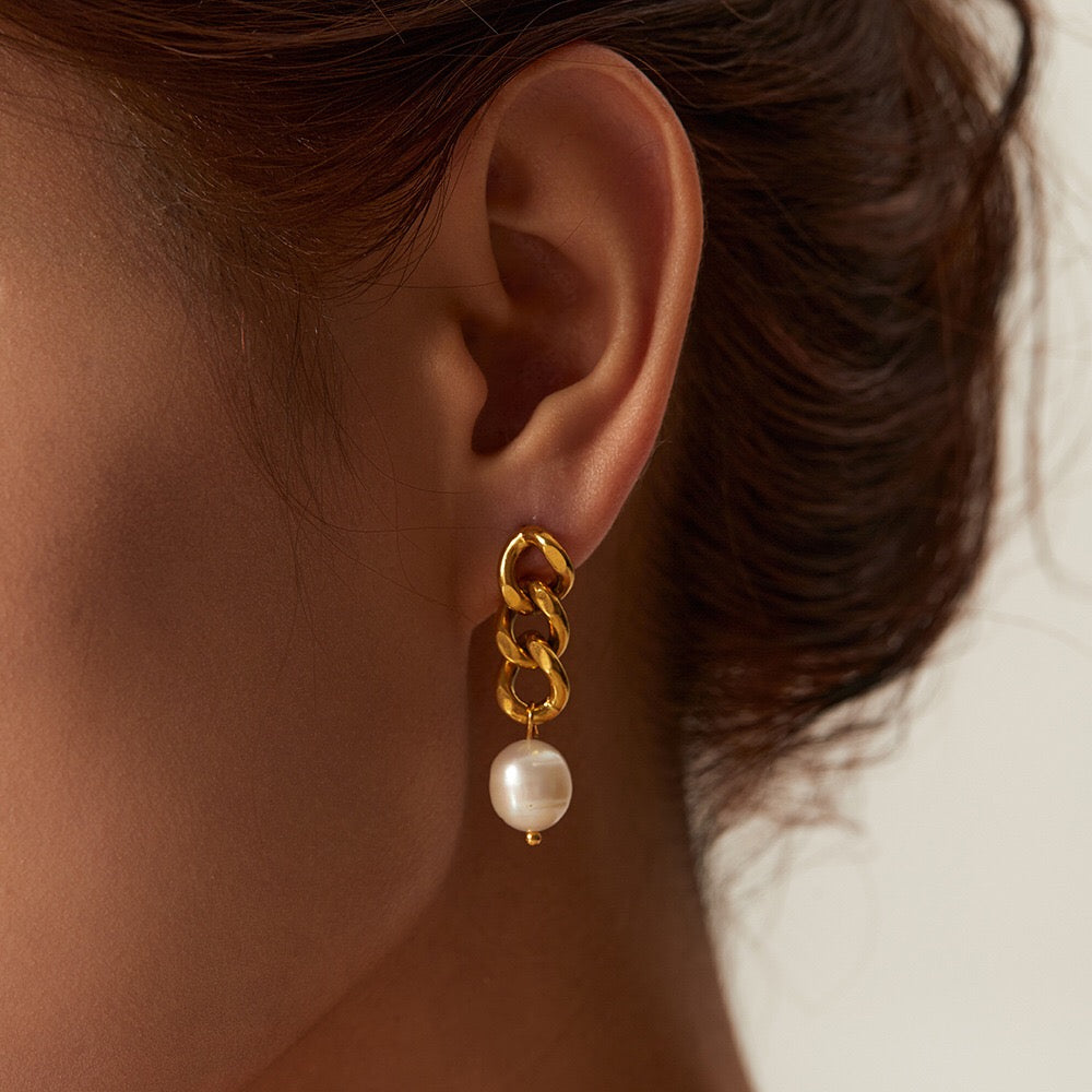 18K Gold Cuban Link Pearl Stud Dangle Earrings
