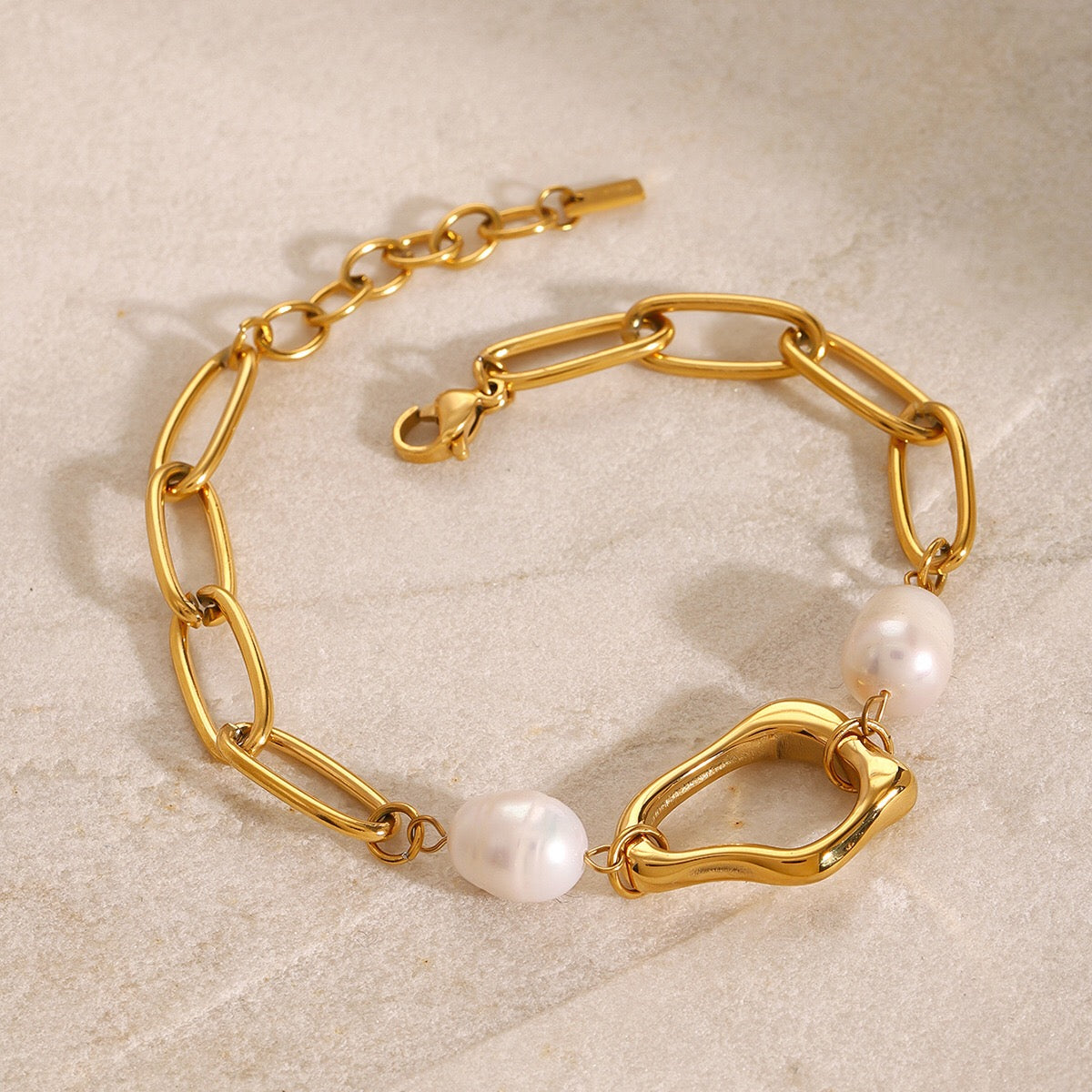 18K Gold Paperclip Chain Pearl Beads Bracelet