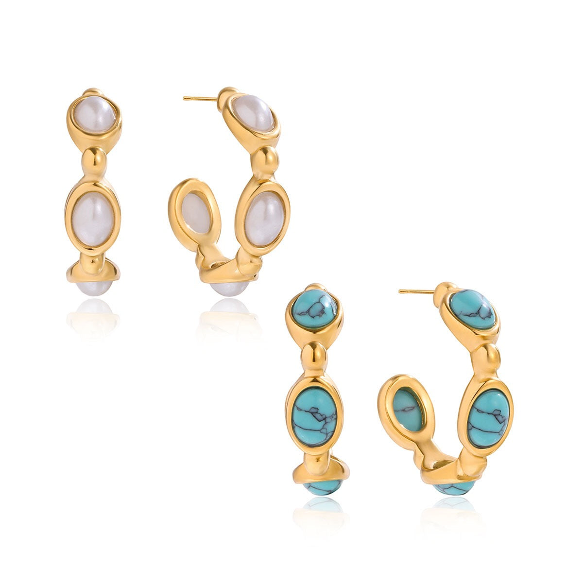 18K Gold Modern Charm Pearl Turquoise Hoop Earrings