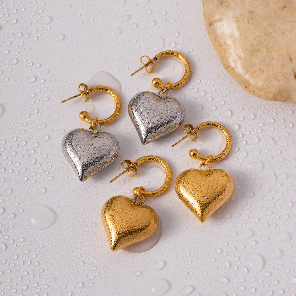 18K Gold Heart Dangle Huggie Earrings with Charm