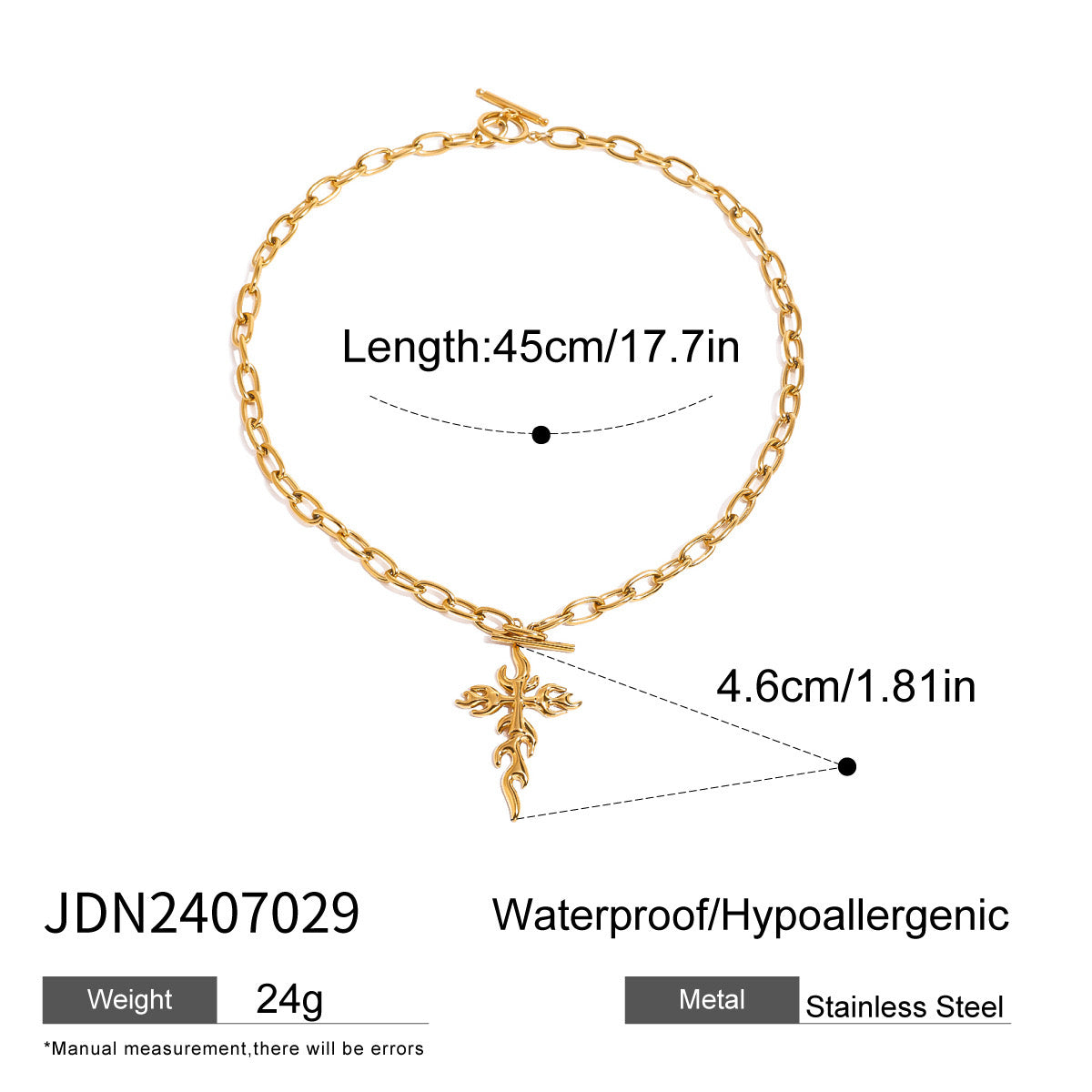18K Gold Fire Cross Pendant Paperclip Chain Statement Necklace