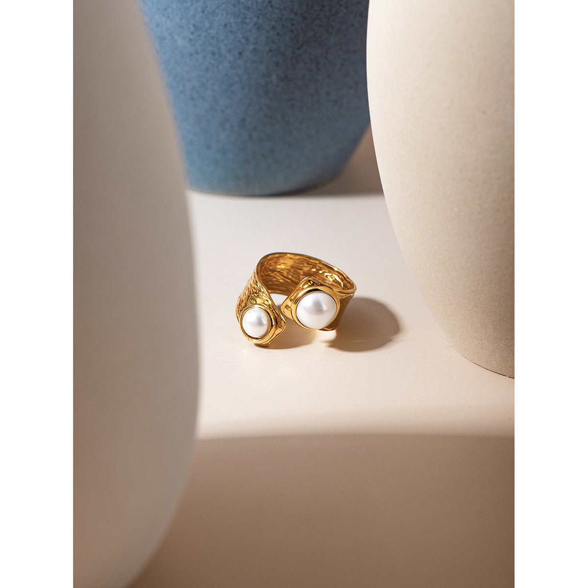 18K Gold Luxury Pearl Statement Cuff Ring