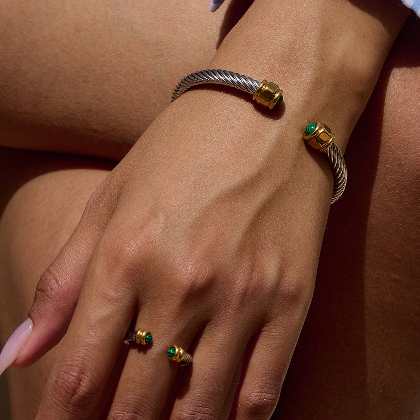 18K Gold Natural Stone Twisted Ribbed Cuff Bangle Bracelet