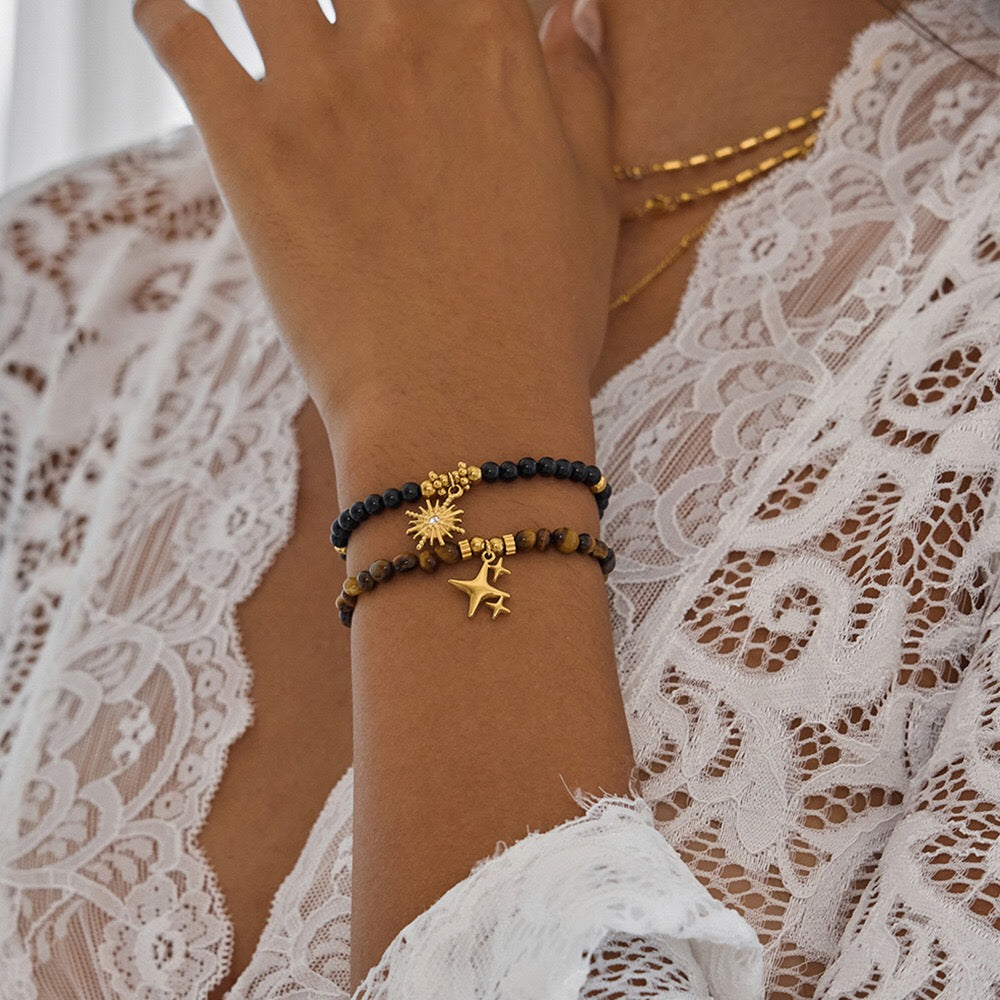 18K Gold Tiger Eye Starry Charm Beaded Bracelet Stack