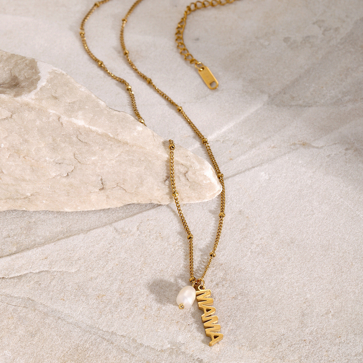18K Gold MAMA Pearl Charm Pendant Necklace
