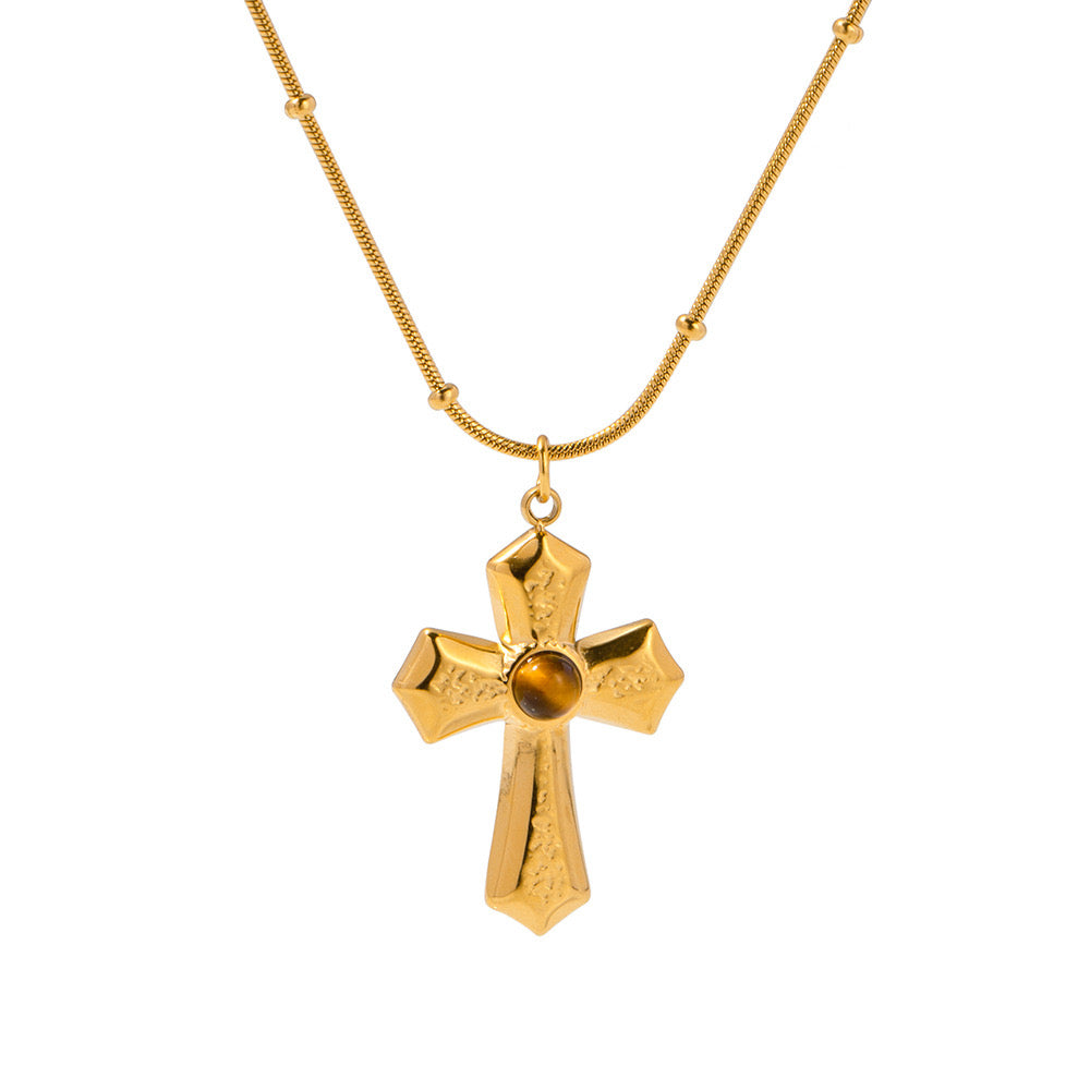 18K Gold Tiger Eye Cross Pendant Necklace