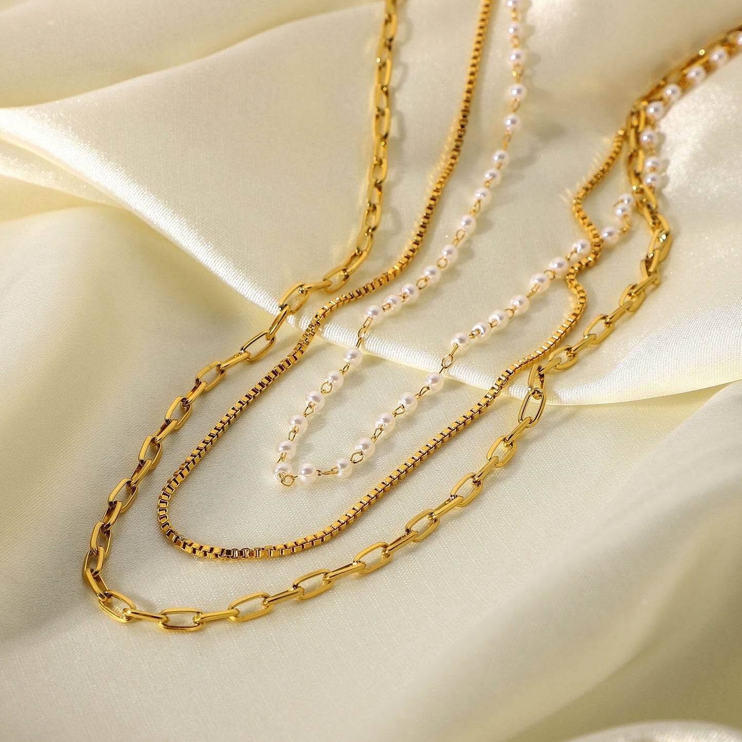 18K Gold Paperclip Box Chain Pearl Layered Necklace