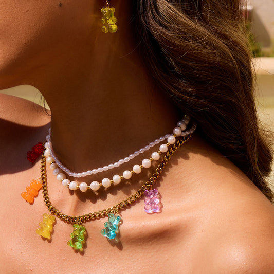 18K Gold Rainbow Color Gummy Bear Cuban Link Statement Charm Necklace