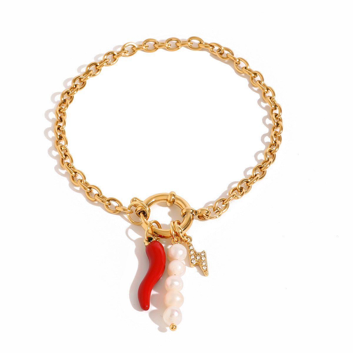 18K Gold Italian Horn Pearl Charm Bracelet