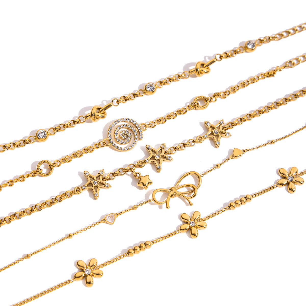 18K Gold Shimmering Dainty Flower Bow Bracelet Stack