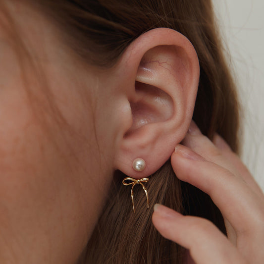 18K Gold Delicate Coquette Bow Pearl Stud Earrings