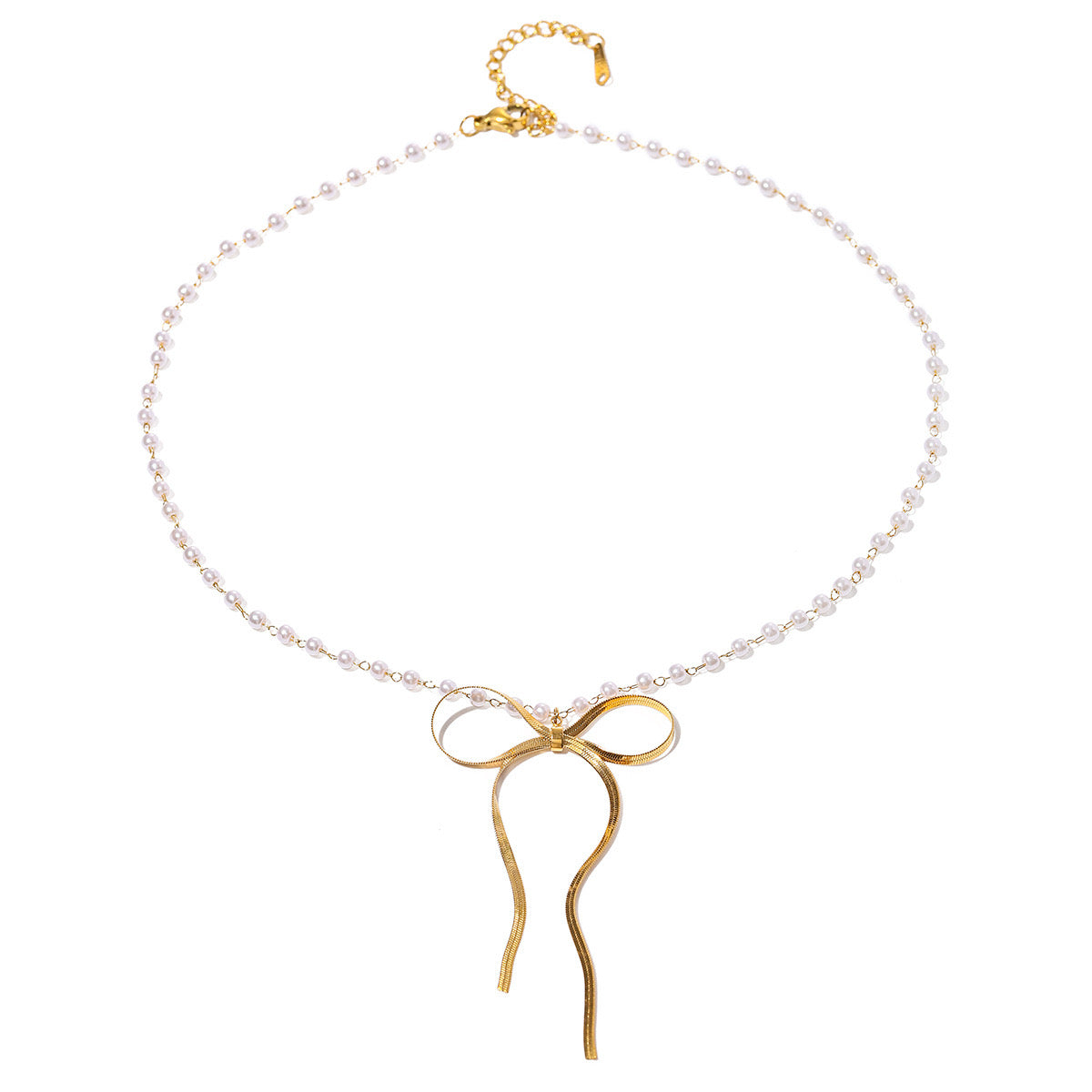 18K Gold Ribbon Bow Pearl Chain Pendant Necklace