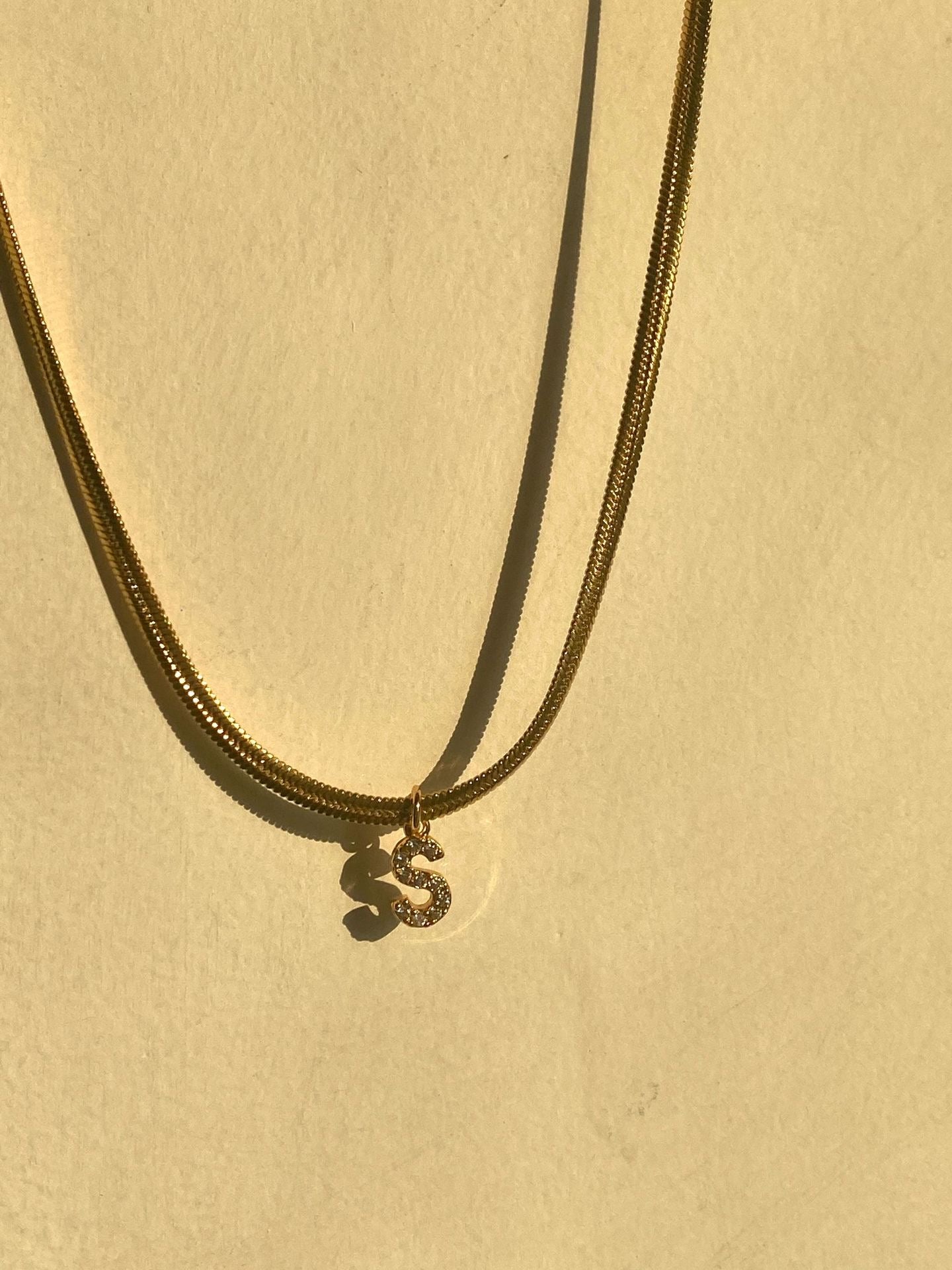 18K Gold Minimalist Glam Herringbone Chain Initial Dainty Necklace