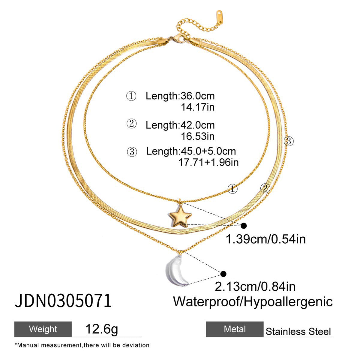 18K Gold Celestial Dream Star Pendant Pearl Moon Herringbone Chain Layered Necklace Set