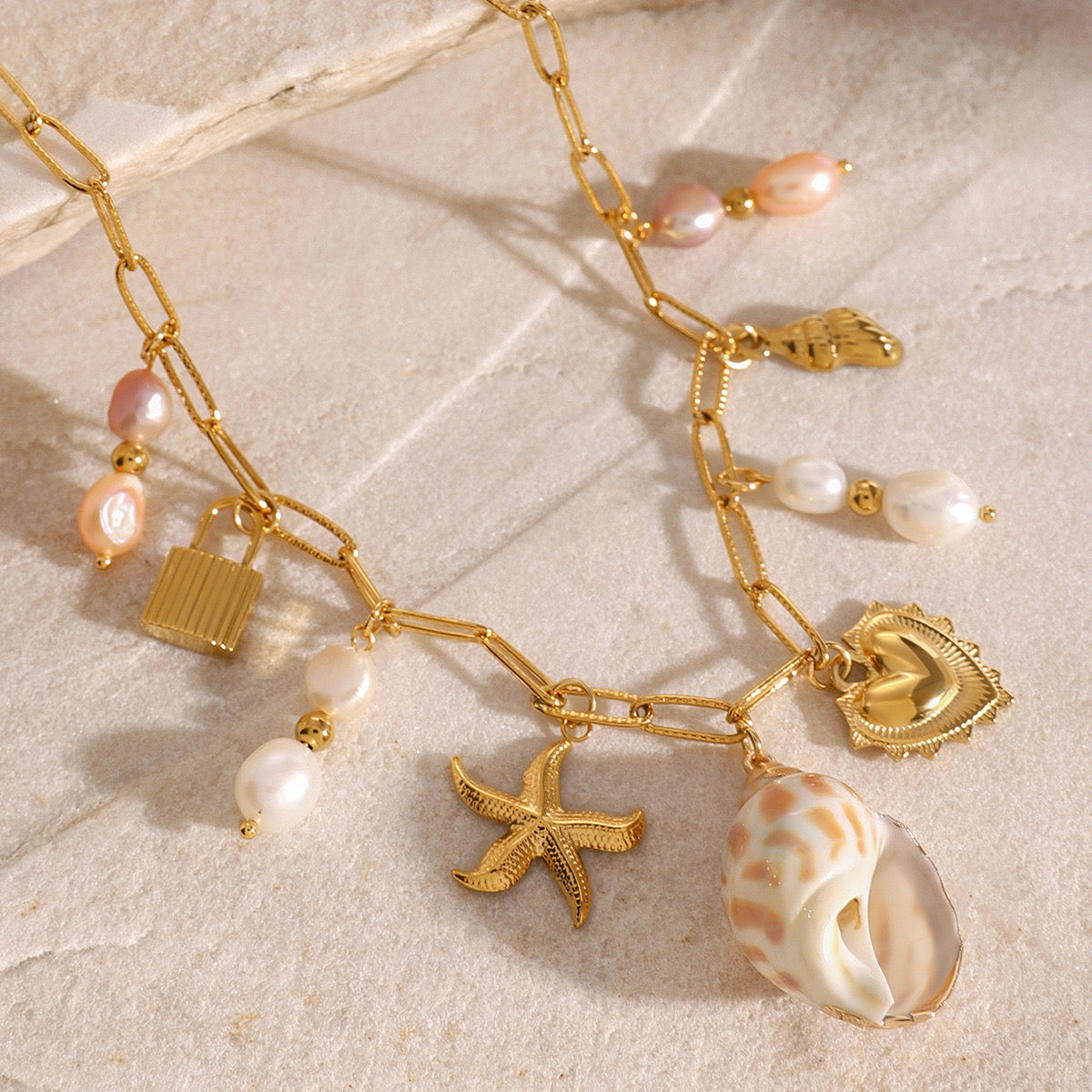 18K Gold Summer Seashell Pearl Statement Charm Necklace