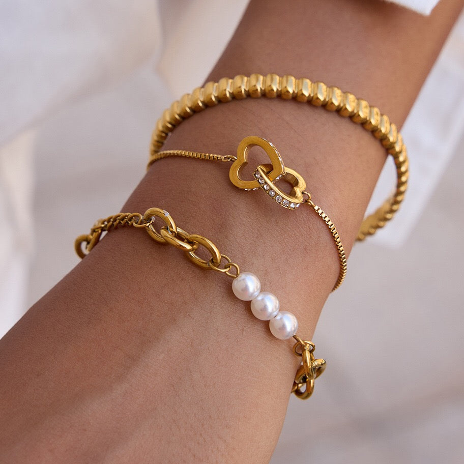 18K Gold Golden Haze Pearl Chain Cuff Bangle Bracelet Stack